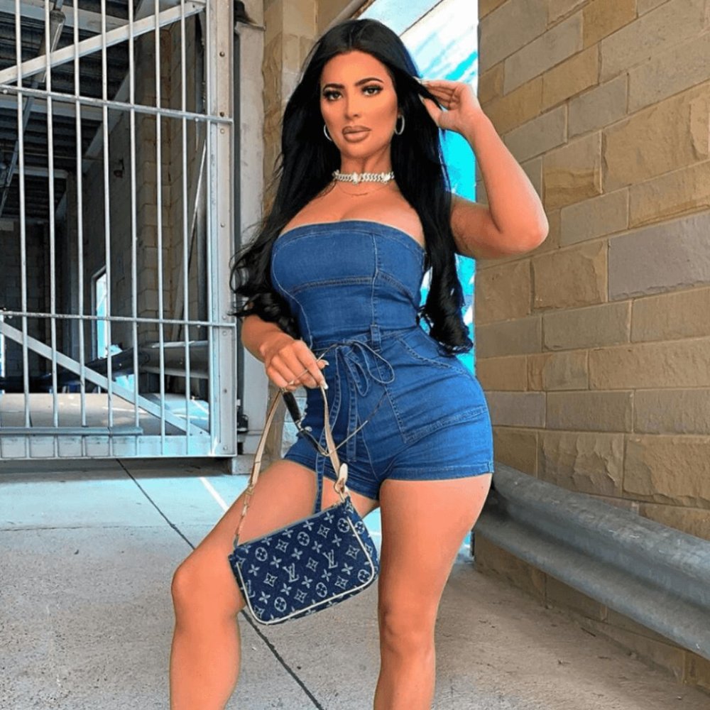 Joplin Dark Wash Bandeau Tie Waist Denim Romper - Picture 2 of 13